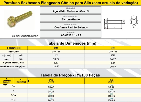 PARAFUSO SEXT FLANGEADO CÔNICO PARA SILO SEM ARRUELA DE VEDAÇÃO